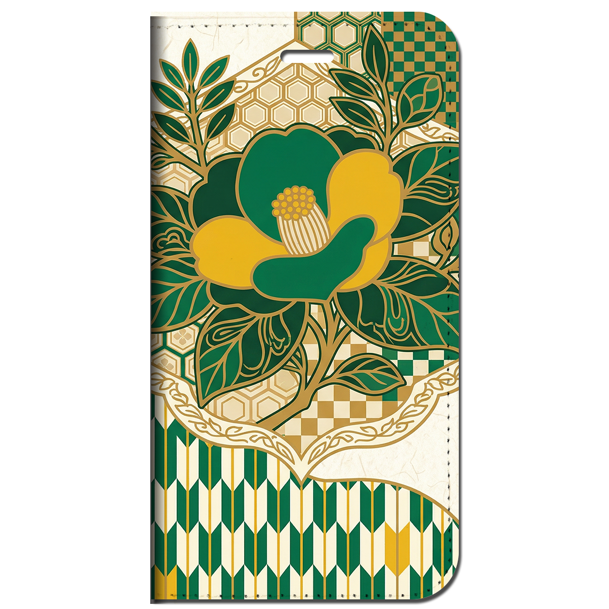 iPhone対応 スマホ 手帳型ケース 椿 矢絣 レトロ 和モダン 和柄 グリーン 大胆 デザイン 幾何学 上品 伝統 パターン 緑 黄色 粋 スマホケース スタンド 【iPhone17 / iPhone16e / iPhone16 他 iPhone各機種対応】 |iasptx04