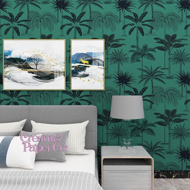 【切り売り】グリーン × ネイビー Tropical tree FL1-778201MT1 for DIY 幅53㎝ リピート64㎝