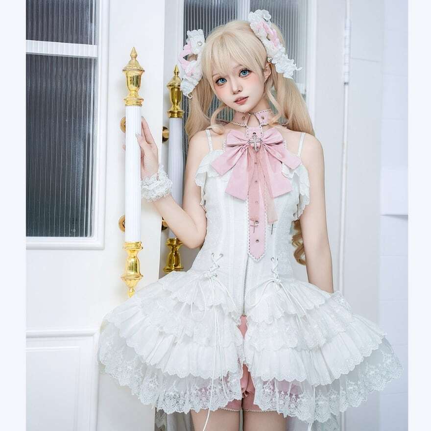 ロリータファッション 白薔薇リボンレースフリルOPセット | ロリィタ