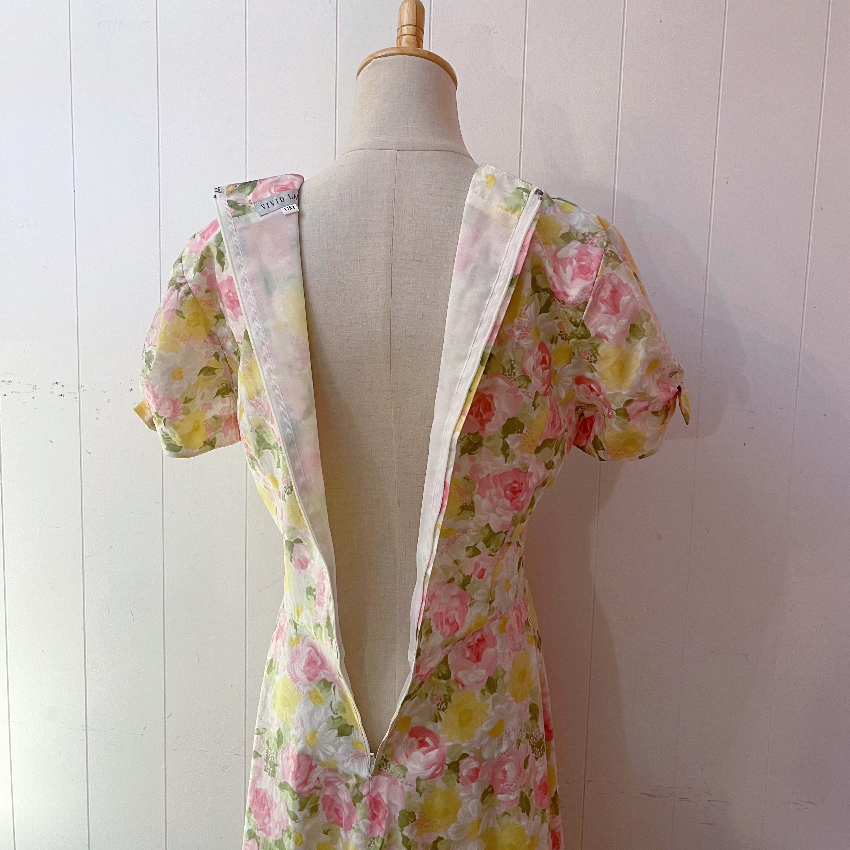 yellow pink flower ribbon sleeve one-piece