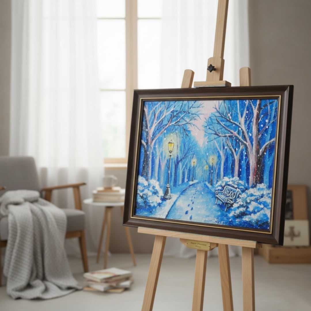 油絵 原画 雪景色 冬景色 幻想的 青 絵画 F3「雪降る幻想」 | HIROSHI1990