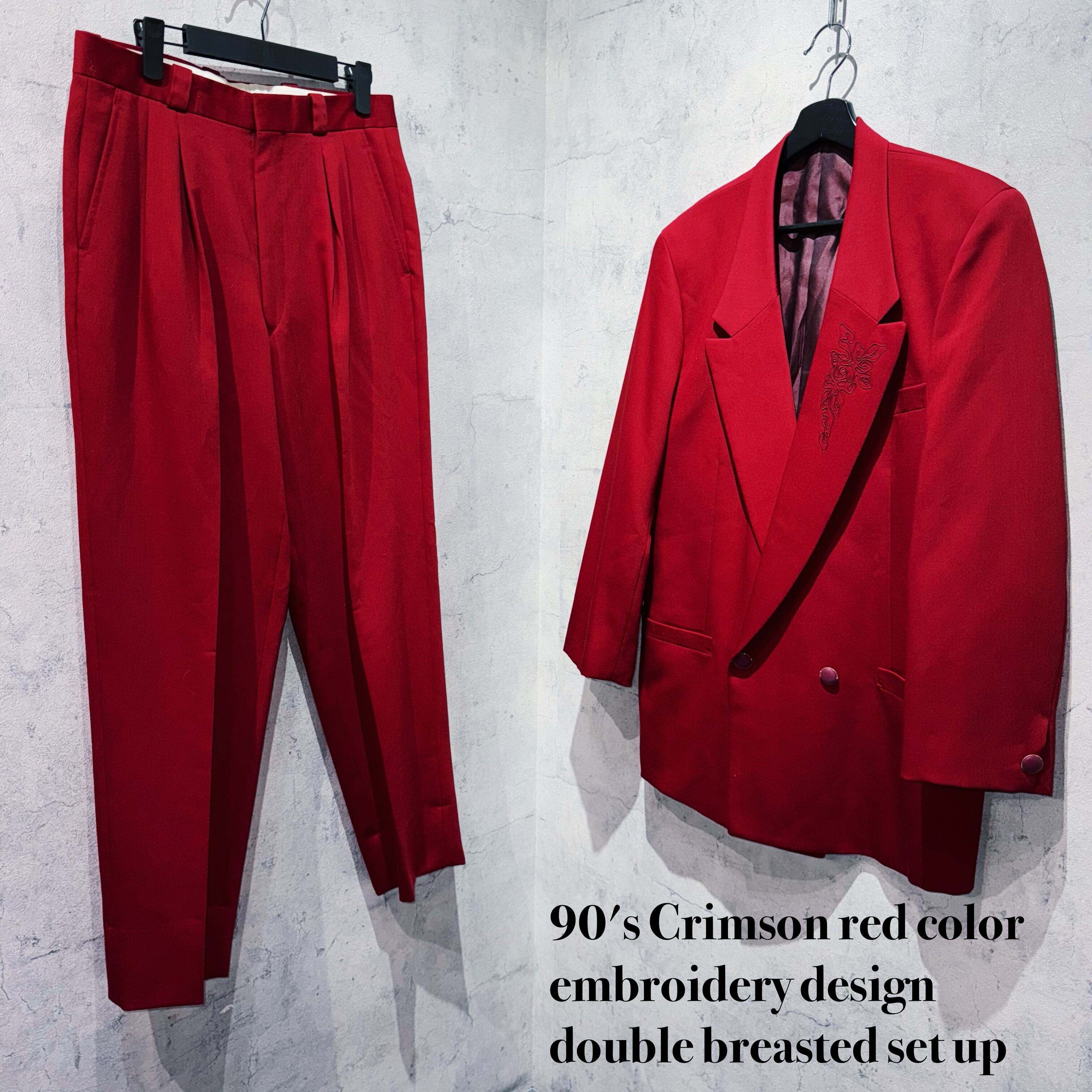 90's Crimson red color embroidery design double breasted set up
