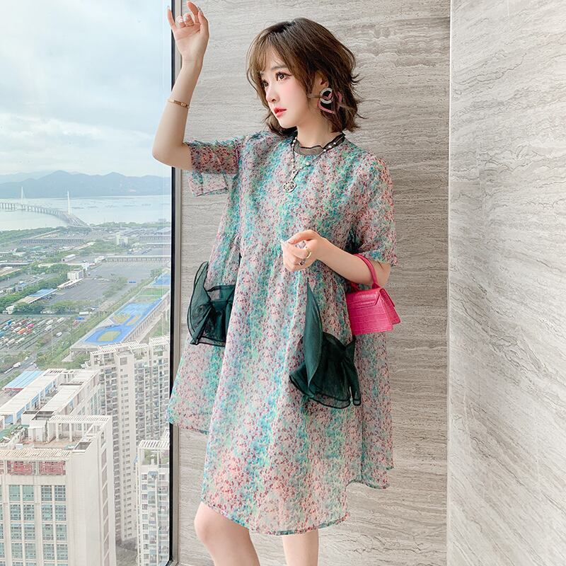 ラウンドネックプリントルーズスカート ドレス サマースタイル リボン 夏物 Oネック ステッチ MIUCO86733221759