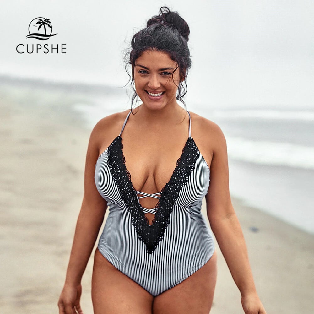 CUPSHE ワンピース 体型カバー ストライプ 美ライン 水着 送料無料 CUPSHEプラスサイズストライプディープVネック