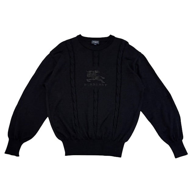 古着 バーバリー ゴルフ BURBERRY GOLF 長袖 ニットセーター クリーニング済み ビッグホースロゴ ウール 黒 メンズ Lサイズ