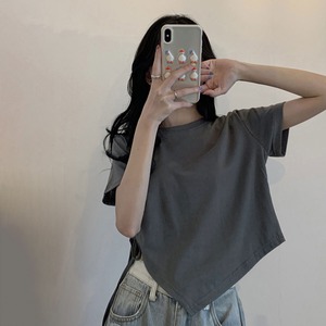 Tシャツ レディース 夏 韓国 ストリート アシンメトリー 半袖 サイドドローコード シャーリング クロップド丈 体型カバー 着やせ Y2K きれいめ カジュアル フェミニン ダンス フェス ライブ お出かけ トップス [LS-CGT153]
