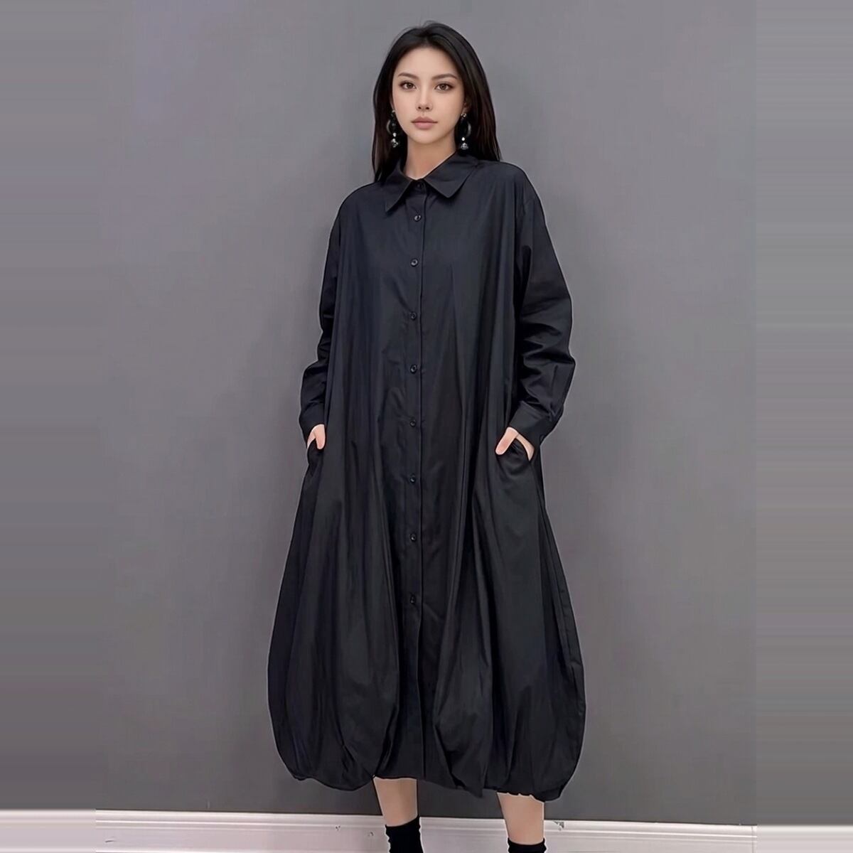 コクーン バルーンヘム ロング シャツワンピース 2color ON1084