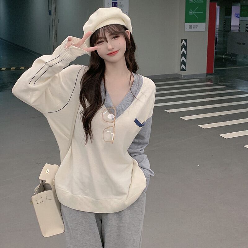 セーター レディーススタンダードルーズVネックプルオーバー オータムウィンタースタイルカジュアルトップス ロング レトロ 秋物 冬物 ガールズファッション64081071199