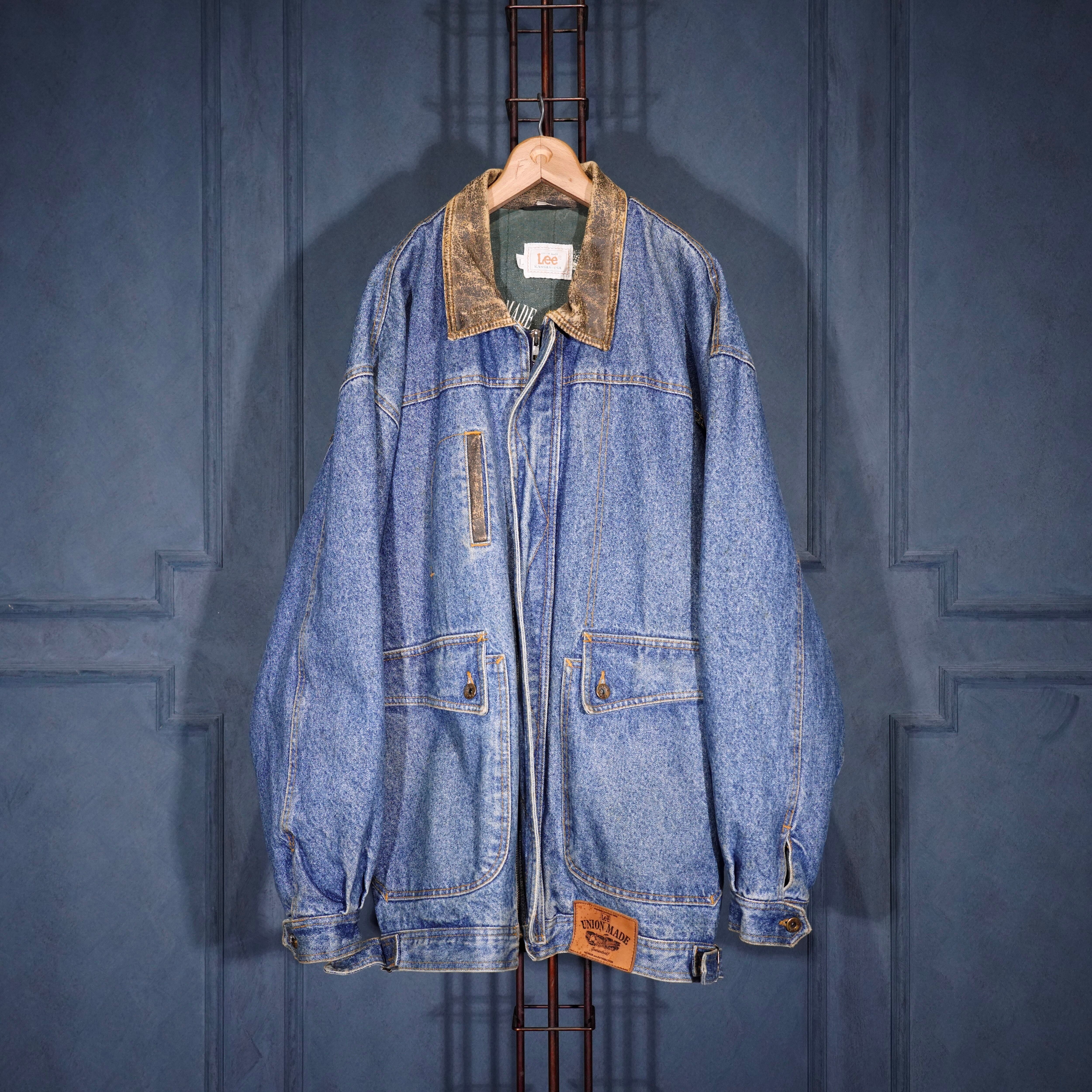 90's USA VINTAGE Lee LEATHER COLLAR ZIP UP DESIGN DENIM BLOUSON/90