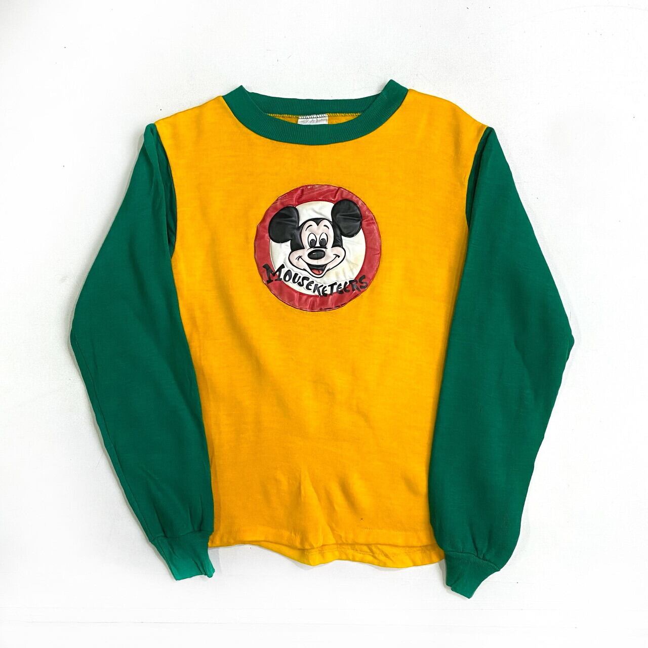 Kids 80年代 ミッキーマウス ぷくぷく プリント ラグランスウェット キッズ レディースxs相当 古着 子供服 80s Usa製 ビンテージ ヴィンテージ Disney Mickey Mouse ディズニー キャラクター トレーナー イエロー グリーン 黄 緑 Mouseketeers スウェット Ws21