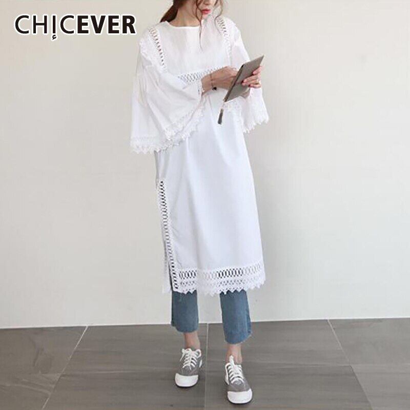 CHICEVERパッチワークレースドレス女性Oネックフレアスリーブ中空アウト特大ルーズドレス春服2020 スプリング 春物 6base531792184363