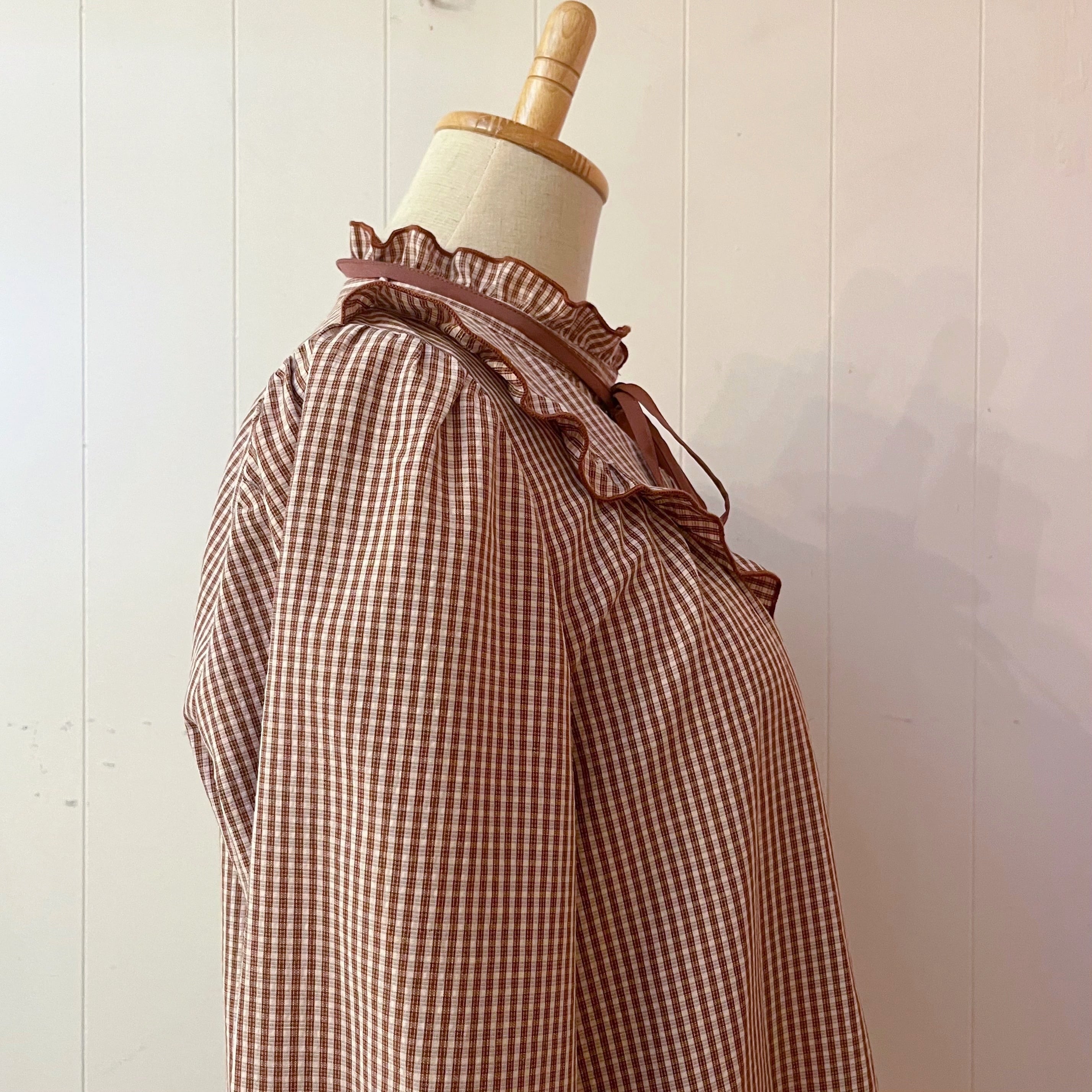 brown gingham check frill ribbon blouse