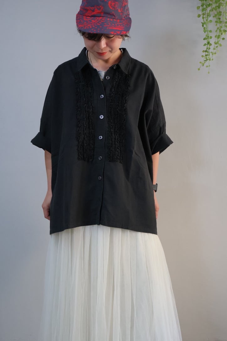 NEW！シーチングピグメントフリルBIGロングシャツ【12601-442-20