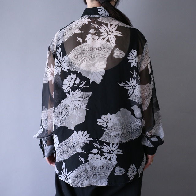 "black×white" flower art pattern sheer shirt