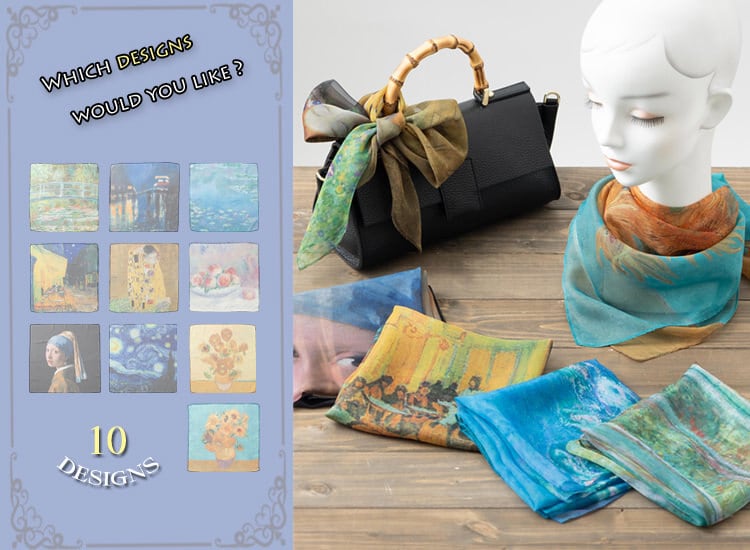水色 シフォン スカーフ ビーズ装飾 名画 シフォンスカーフ アートデザイン ふんわり軽い 70x70cm