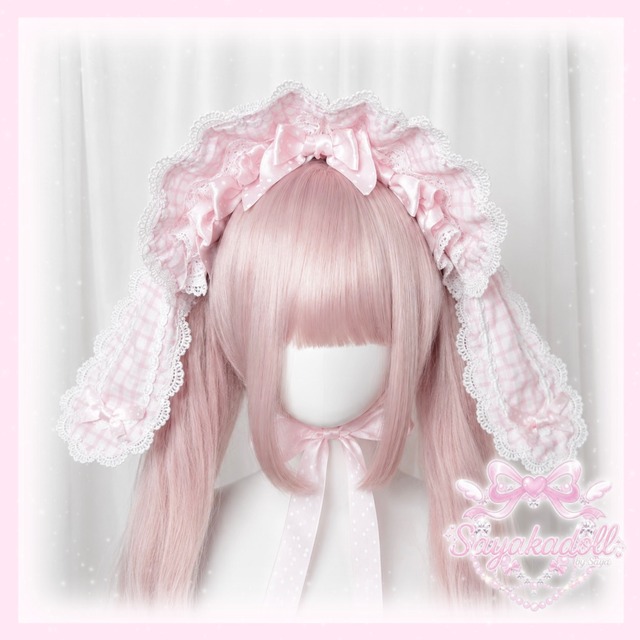 ♡【全4色】MAID ギンガムチェック＆ドット柄リボン 変幻自在うさみみフリルボンネット pink ♡