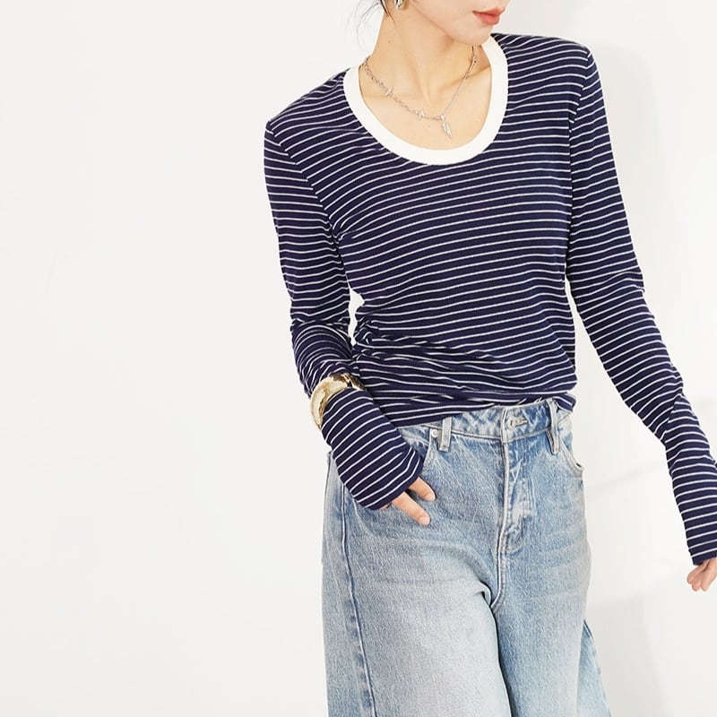 ボーダー柄 2ネックスタイル 長袖 Tシャツ 204691
