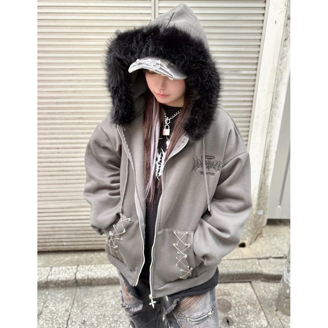 12/19新着】サブカル刺繍☆フードファーZIPパーカー(裏起毛