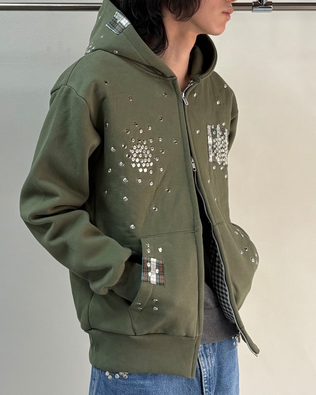 【Hannah Creak】Studded Hoodie Double Zip Khaki