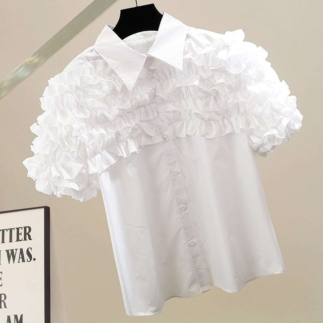 Frill waffle blouse(White・Black・Red)