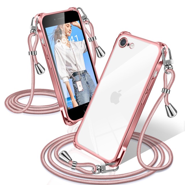 XIOYATY iPhone SE3/SE2/8/7対応 ケース クリア ショルダー メッキ調縁 ストラップ付き 紐付き 四隅クッション カメラ保護