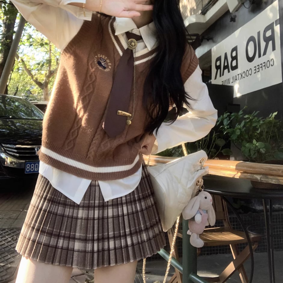 韓国 3点セット カレッジ風 ニットベスト シャツ スカート 3点セット】カレッジ風ニットベスト+ネクタイ付きシャツ+