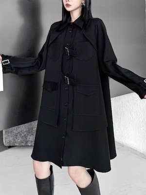 Layered belt design black shirt dress [T2780]