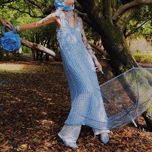 即納）Crochet no sleeve long tops＊S-1057