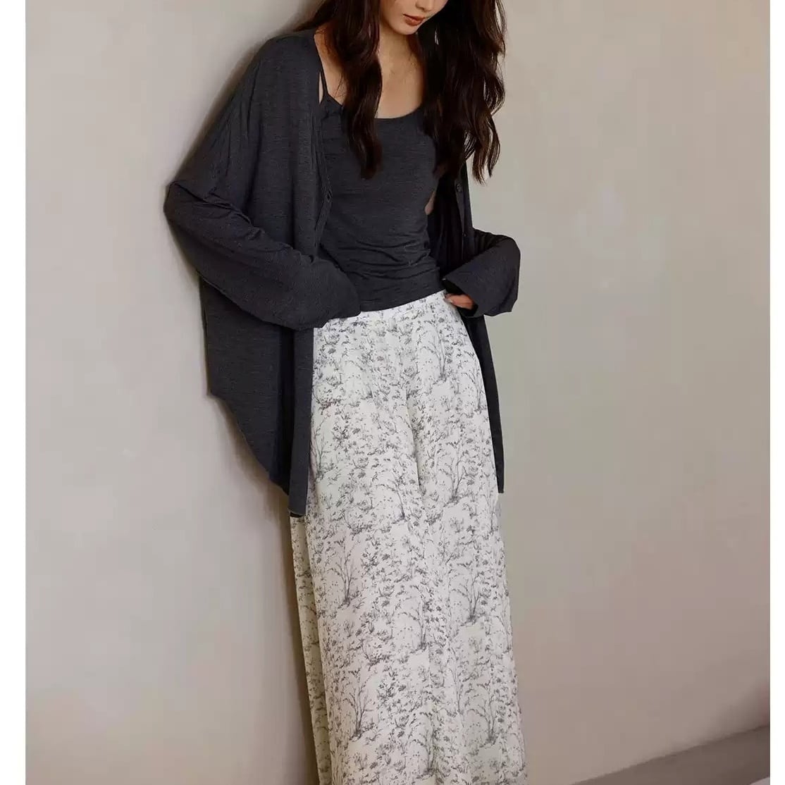 訳ありSALE【3piece】【M-XL】monotone flower pattern cardigan style pajamas p1704
