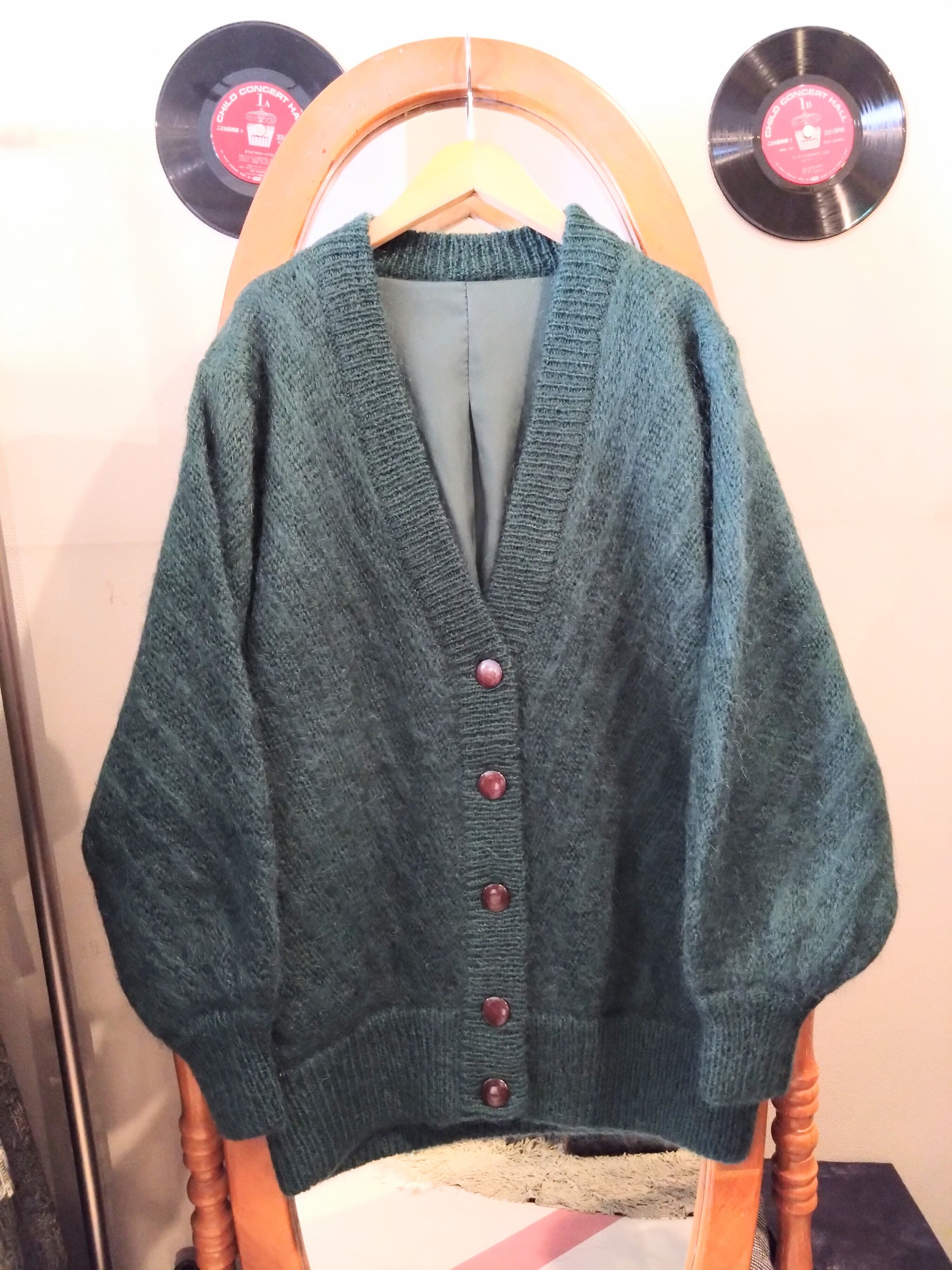 深緑モヘアカーディガン/レトロビンテージニットアウター日本製古着  