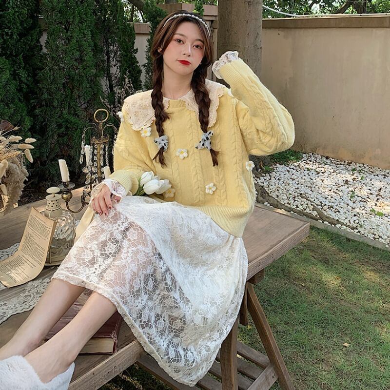 オータムFlowerデザイン ルーズセーター レーススカート 大人ガーリー スウィート キュート カジュアル 秋物 フラワーデザイン YY-ファッション11153530342