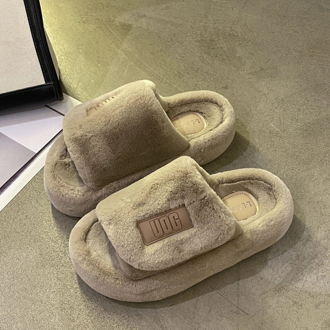 Comwarm 冬ふわふわ毛皮スリッパ女性のファッション豪華なファジースリッパ屋内オープントゥフラット綿の靴コンフォートハウススリッパ