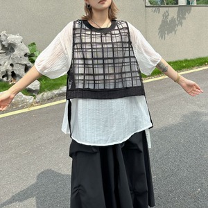 CHECK MESH LAYERED SHORT SLEEVE T-SHIRT SETUP M-17537