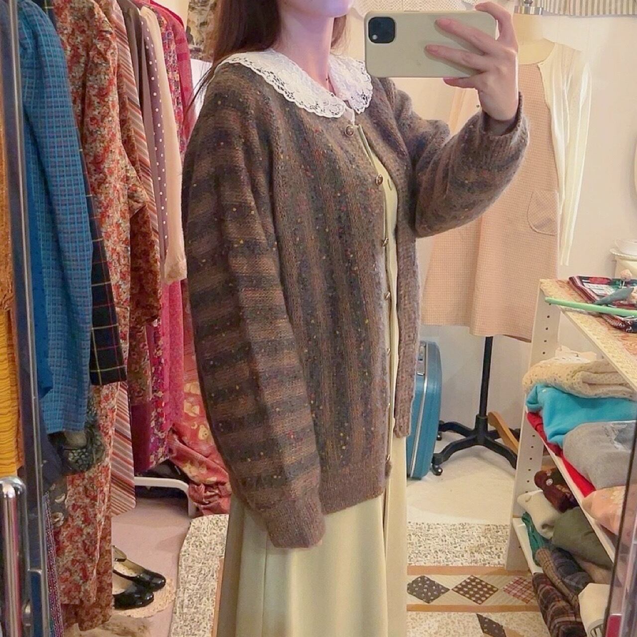 brown fancy yarn knit cardigan