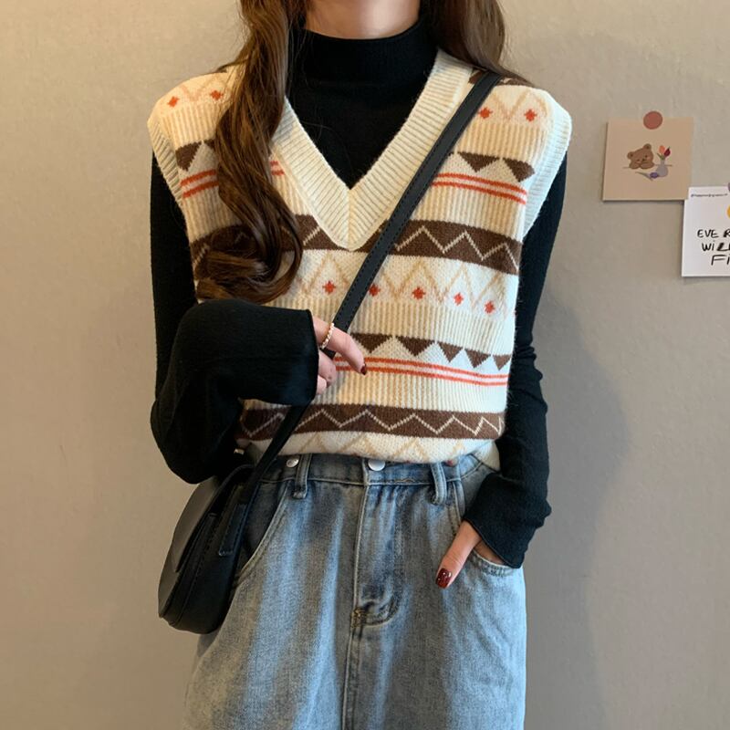 スタンダードスプリングスタイルニットレディースノースリーブトップス レトロ 春物 試着室76746357223