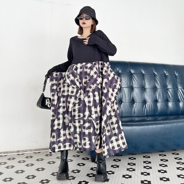 Check Combination Long Dress 01450