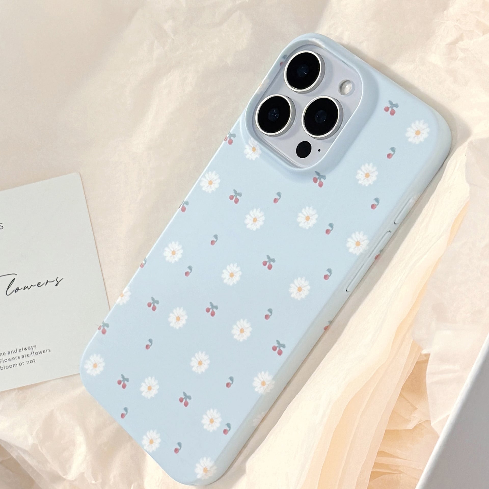 爽やかブルー◎白い花とサクランボ かわいい 韓国ケース ハードケース 水色 フラワー チェリー柄 スマホケース ND-16284