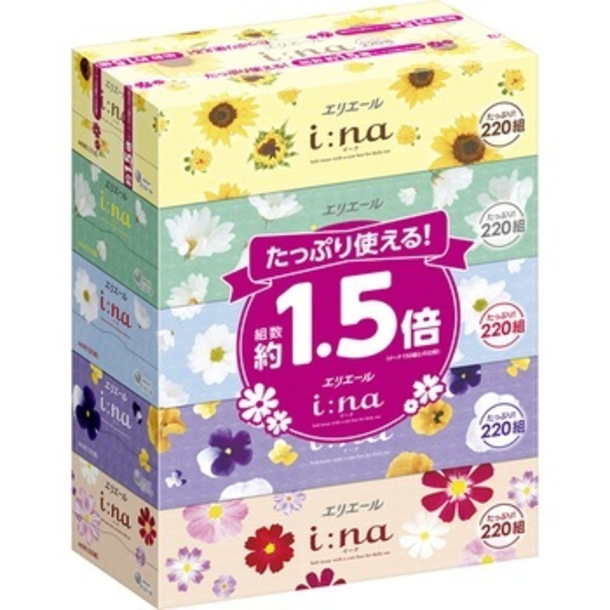 エリエール i:na イーナ ティシュー たっぷり使える約1.5倍 220組×5箱 