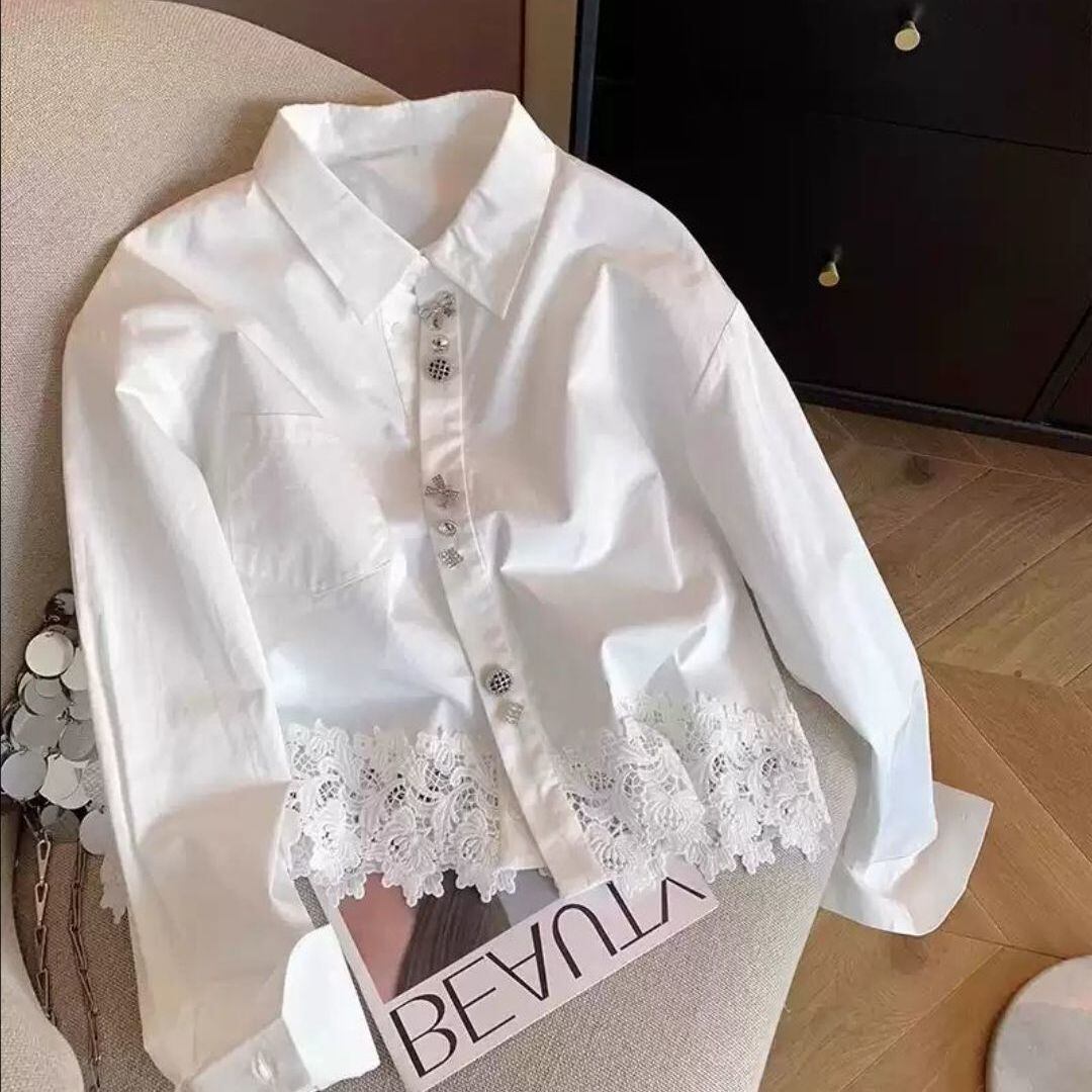 【tops】レース切り替えシャツブラウス M29719