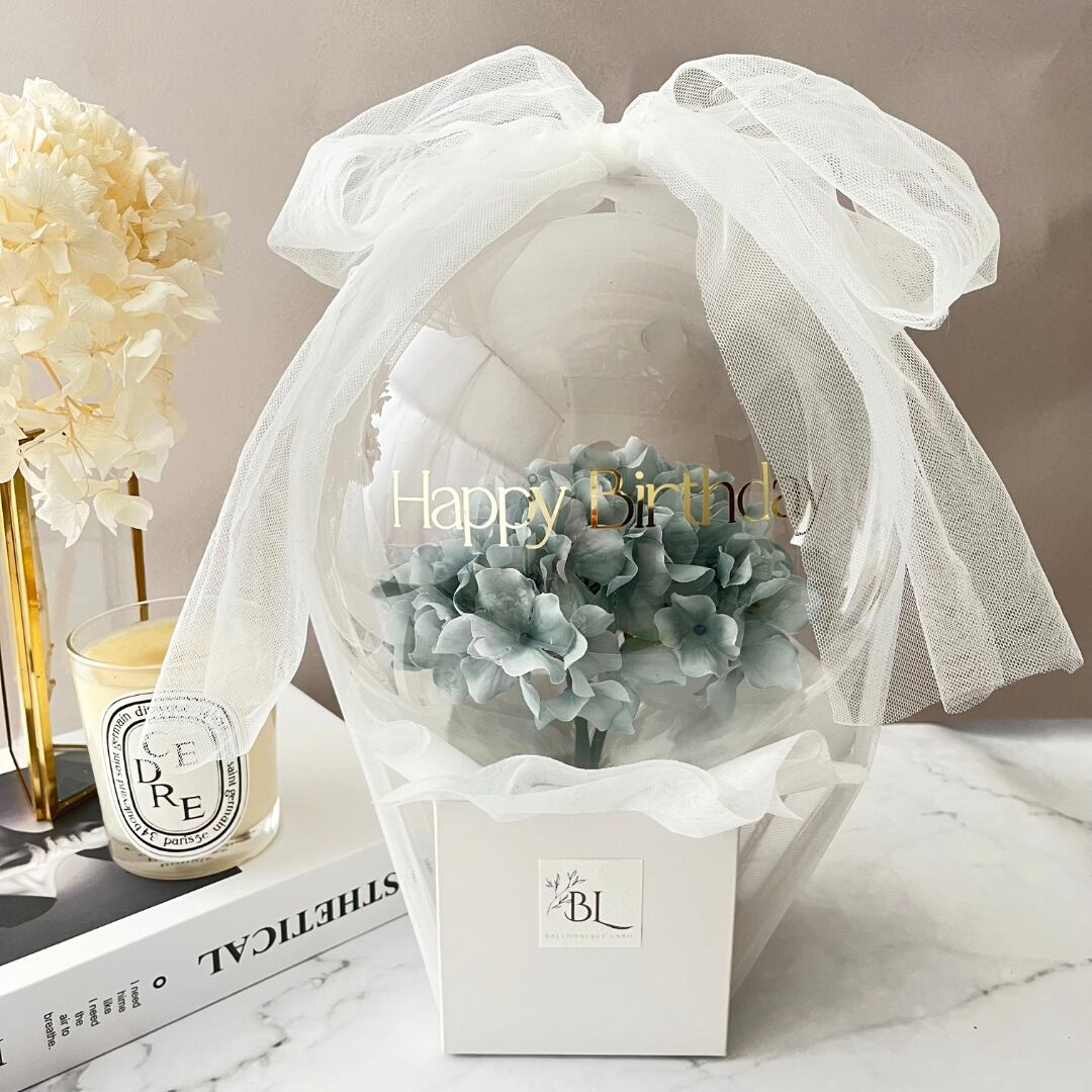 ★チュールリボン★アジサイ×くすみブルー フラワーバルーン ボックス ミニサイズ