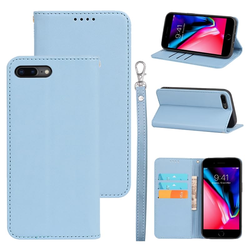 適用 iPhone 7Plus/適用 iPhone 8Plus ケース 手帳型 手帳型ケース PUレザー カード収納 財布型 耐衝撃 ケース マグネット スタンド機能付き 5色(適用 iPhone 7Plus/適用 iPhone 8Plus ケース手帳型) (ライトブルー)