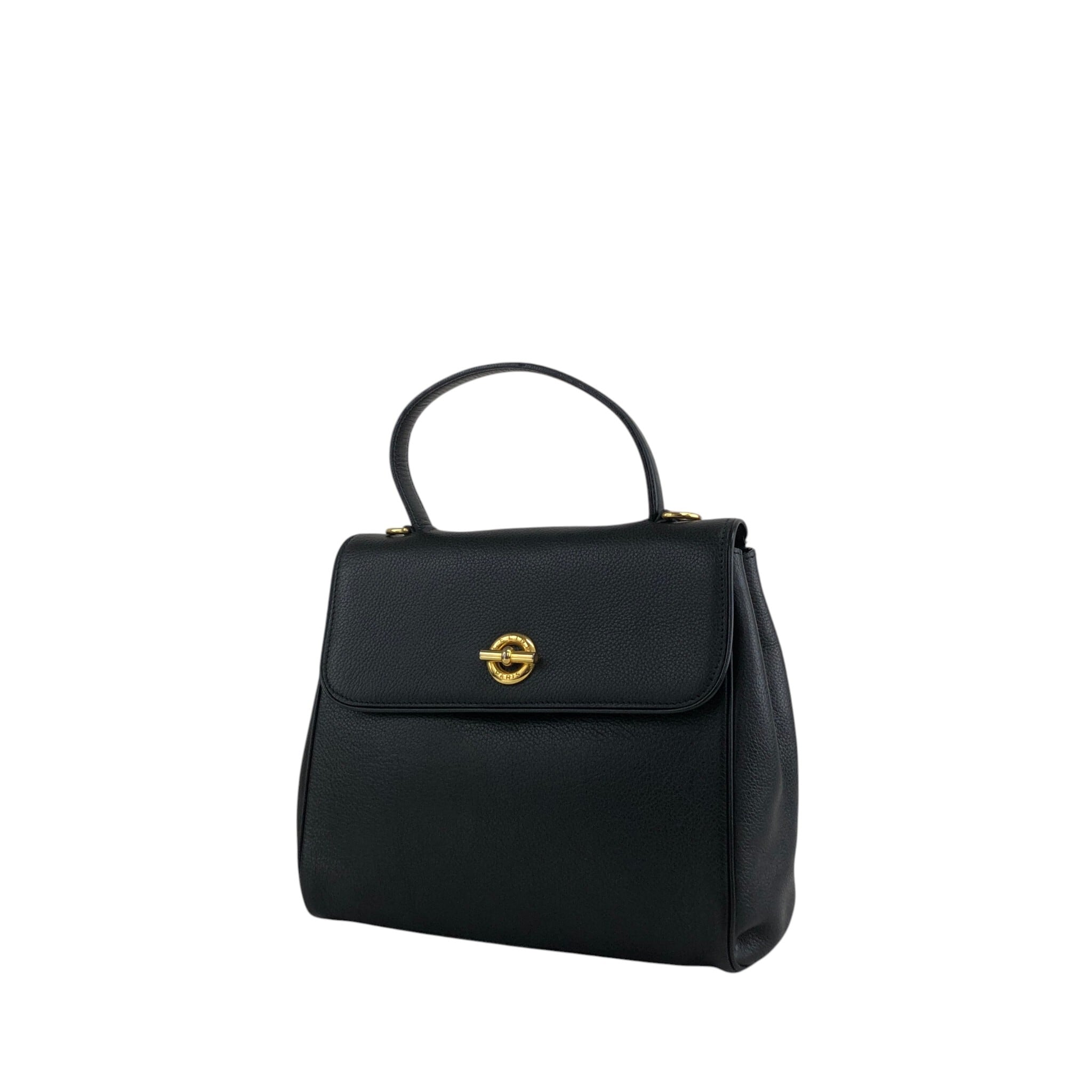 ✨CELINE✨ハンドバッグ マンテル ロゴ金具 ブラック レザー CELINE セリーヌ ハンドバッグ ブラック マンテル レザー 2way シボ