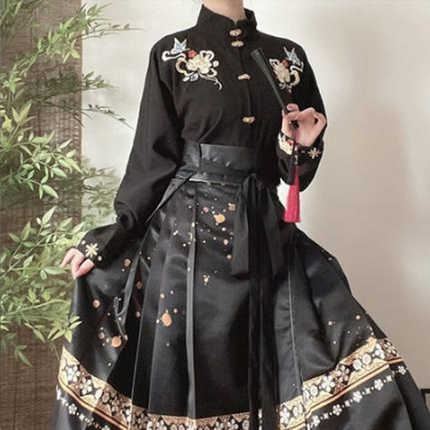 【即納 黒M】中華ゴシック 長袖シャツ スタンドカラー 刺繍 中華金具ボタン