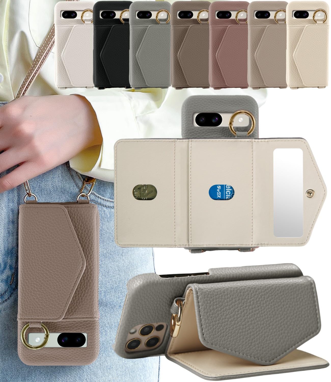 LIISEA スマホケース 対応 pixel8 ケース ショルダー カード収納 適用ピクセル8 ストラップ付き ショルダー 可愛い おしゃれ 肩掛け 斜め掛け 財布付き 鏡 付き ミラー 携帯ケース カバー