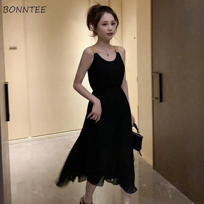 【新作】【送料無料】 ドレス女性パッチワーク O ネックミッドふくらはぎハイウエスト気質スタイリッシュでエレガントなフレンチレトロヘップバーンスタイル夏スパゲッティストラップ 0293021887658