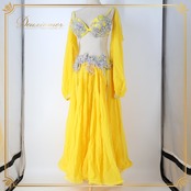 ベリーダンス オリエンタル 衣装 上下セット イエロー系 トップス スカート インナーパンツ 黄 ラインストーン 花 キラキラ 豪華 装飾 鮮やか 明るい ダンス衣装 イベント ステージ 華やか シルバー系