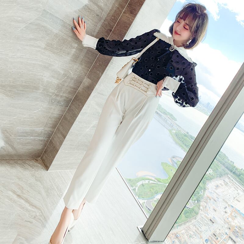 水玉レースシャツ チェーン ハイウェストウェストパンツ オータム 秋物 MIUCO74302530154