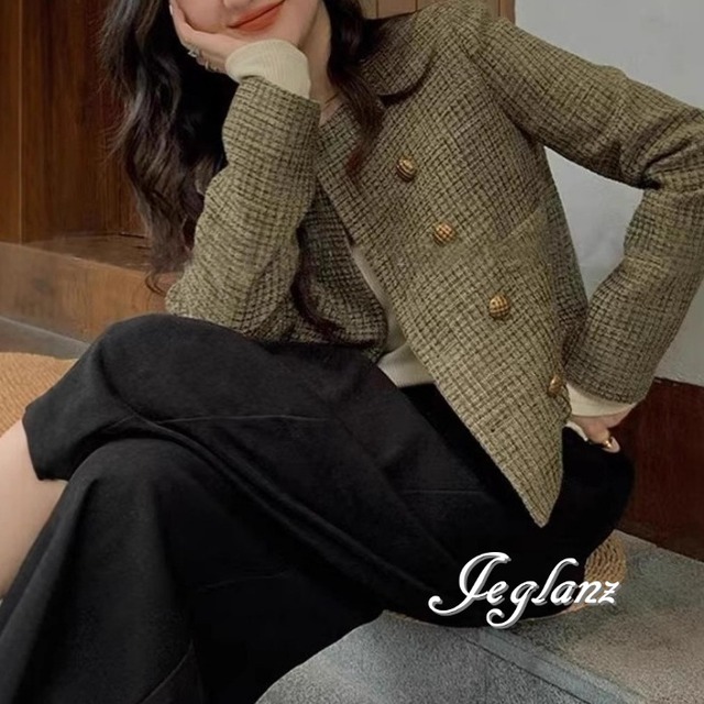 チェック ツイード ニット ジャケット ダブルブレスト レトロ感（MA663）τ