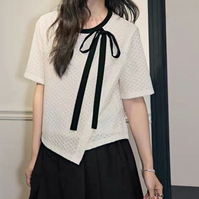 アシンメトリーヘムリボンクルーネックトップス　L0875