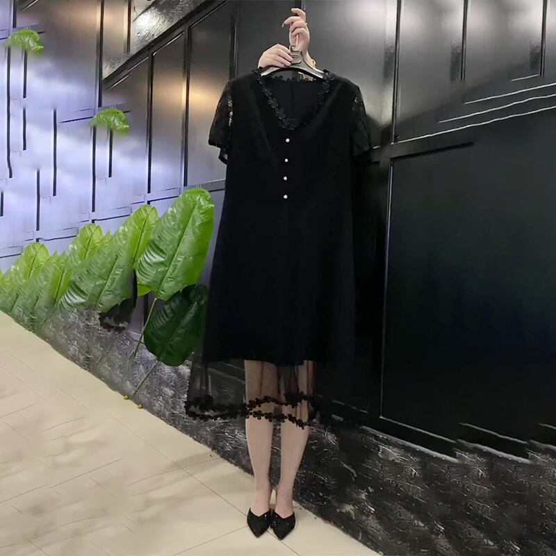 Vネックメッシュドレス サマースリム 大きめサイズ 夏物 ミックスインファッション66271154454